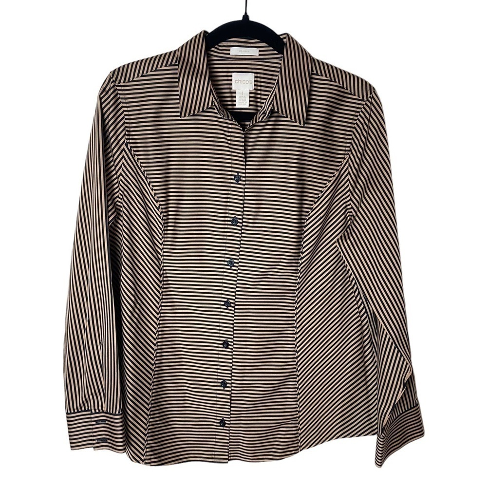 Chico's Striped Stretch No Iron Satten Button Down Top